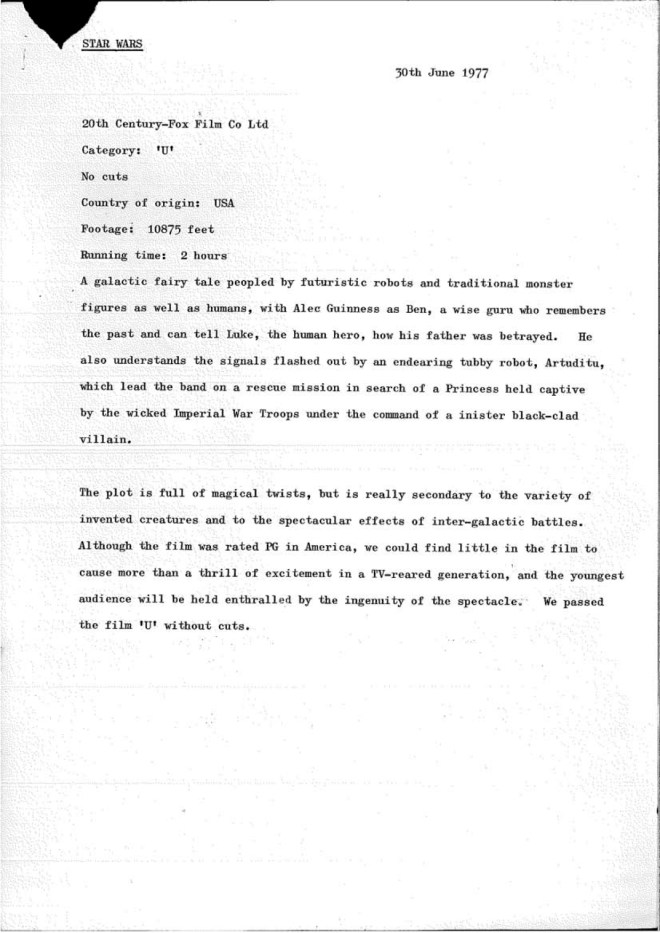 Star Wars, BBFC, Rating decision, Star Wars rated U