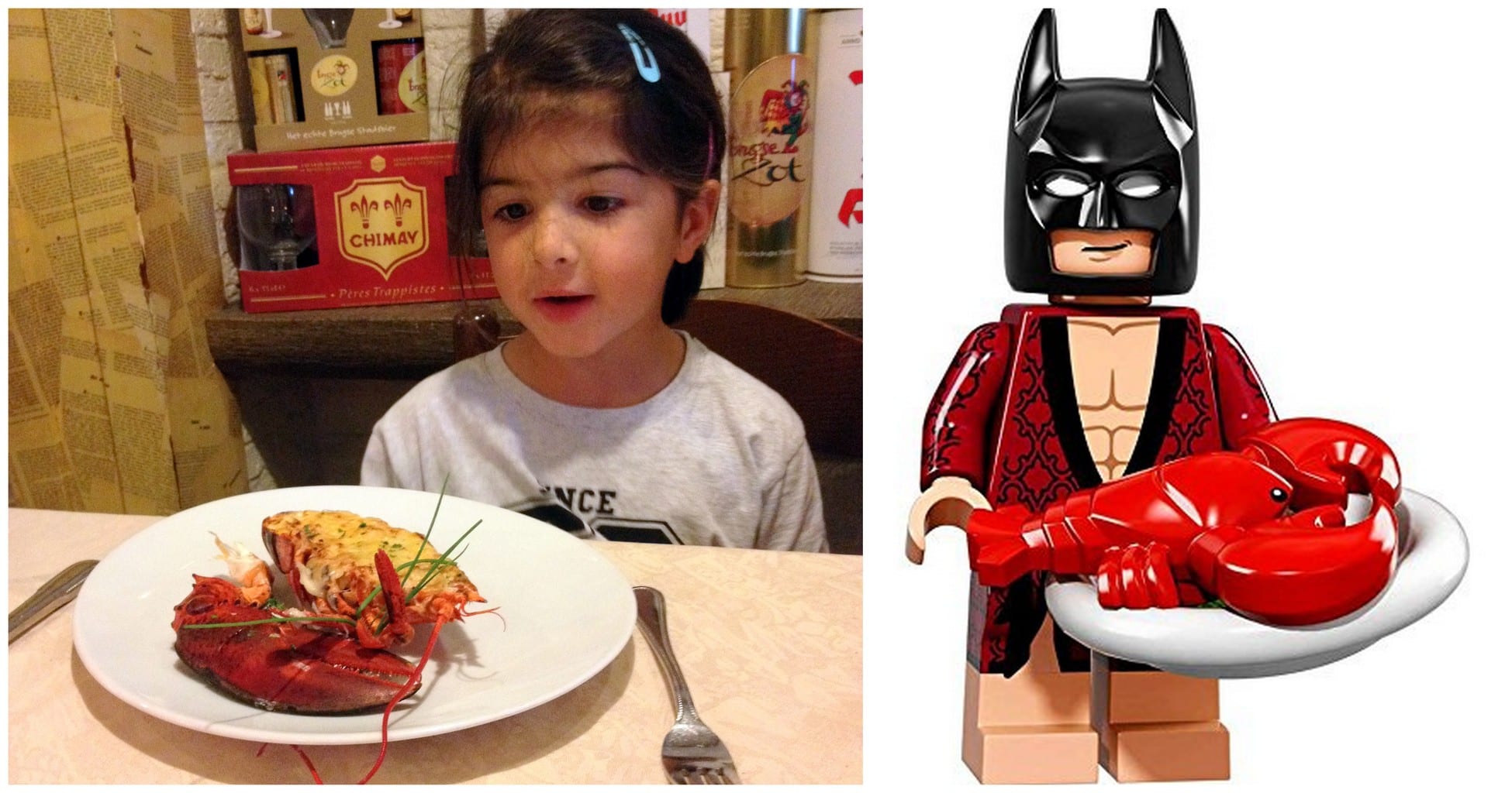 A little LEGO Batman fan being served her first Lobster Thermidor
